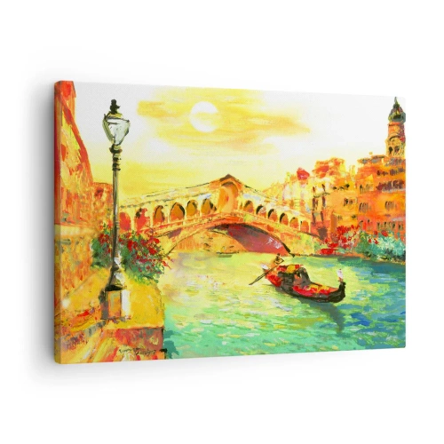Schilderen op canvas - Een pittoreske brug over het kanaal met een gondel in het licht van de ondergaande zon - 70x50cm - Een pelgrimstocht van geliefden - Moderne wanddecoratie voor woonkamer en slaapkamer ARTTOR