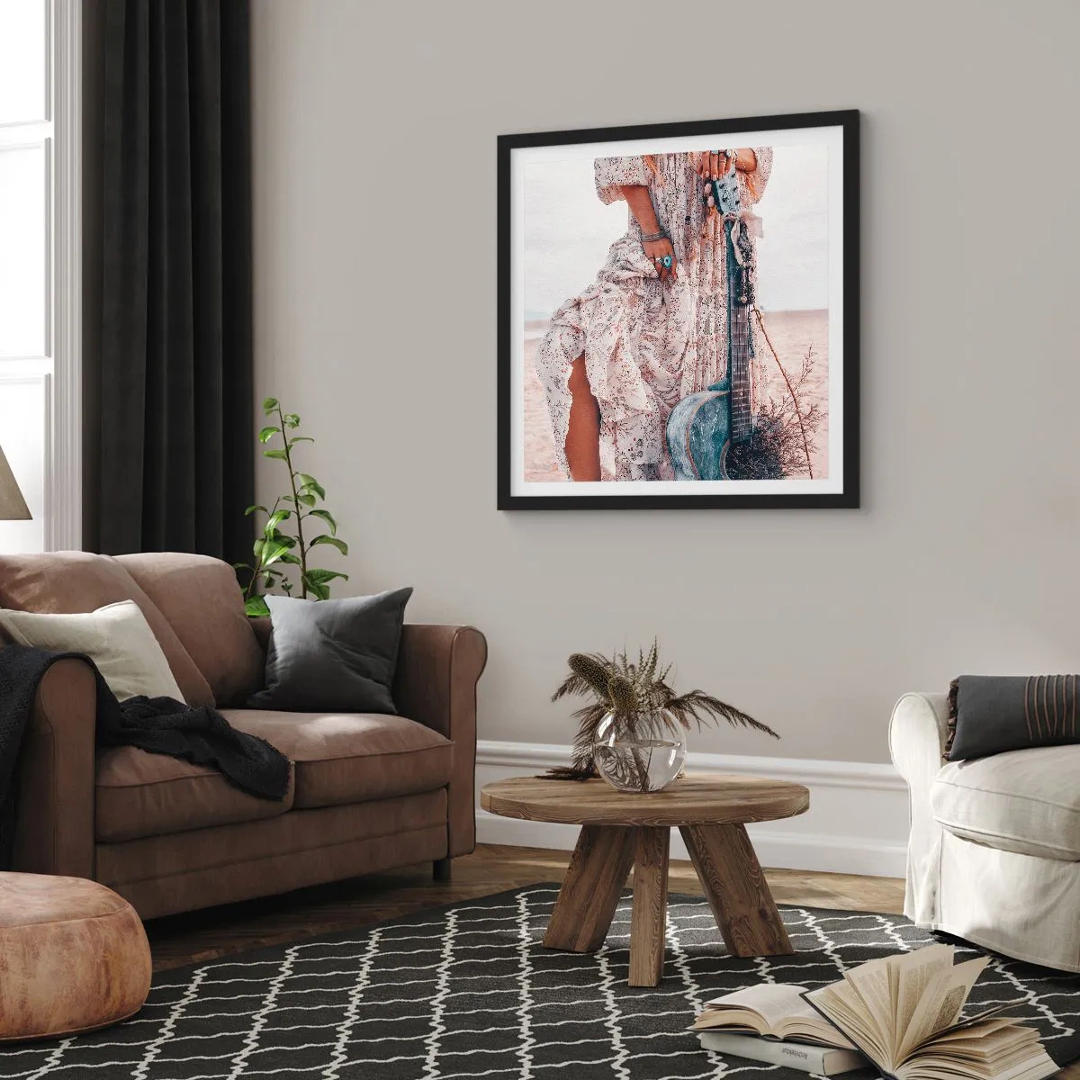 Poster in een zwarte lijst - Kinderen bloemen onderweg - 40x40 cm