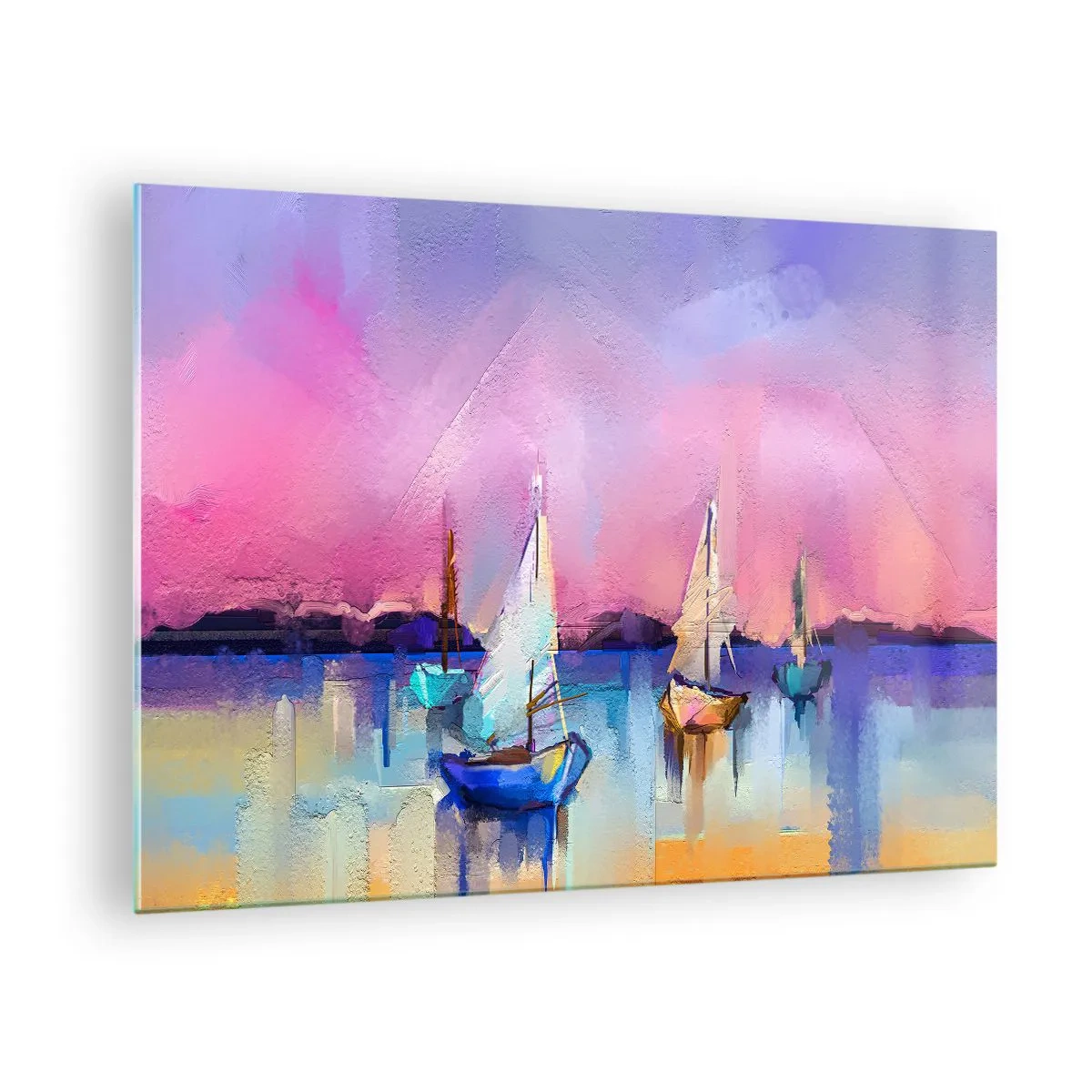 Schilderen op glas - Abstracte jachthaven met zeilboten bij zonsondergang - 70x50cm - Richting: breed water - Moderne wanddecoratie voor woonkamer en slaapkamer ARTTOR