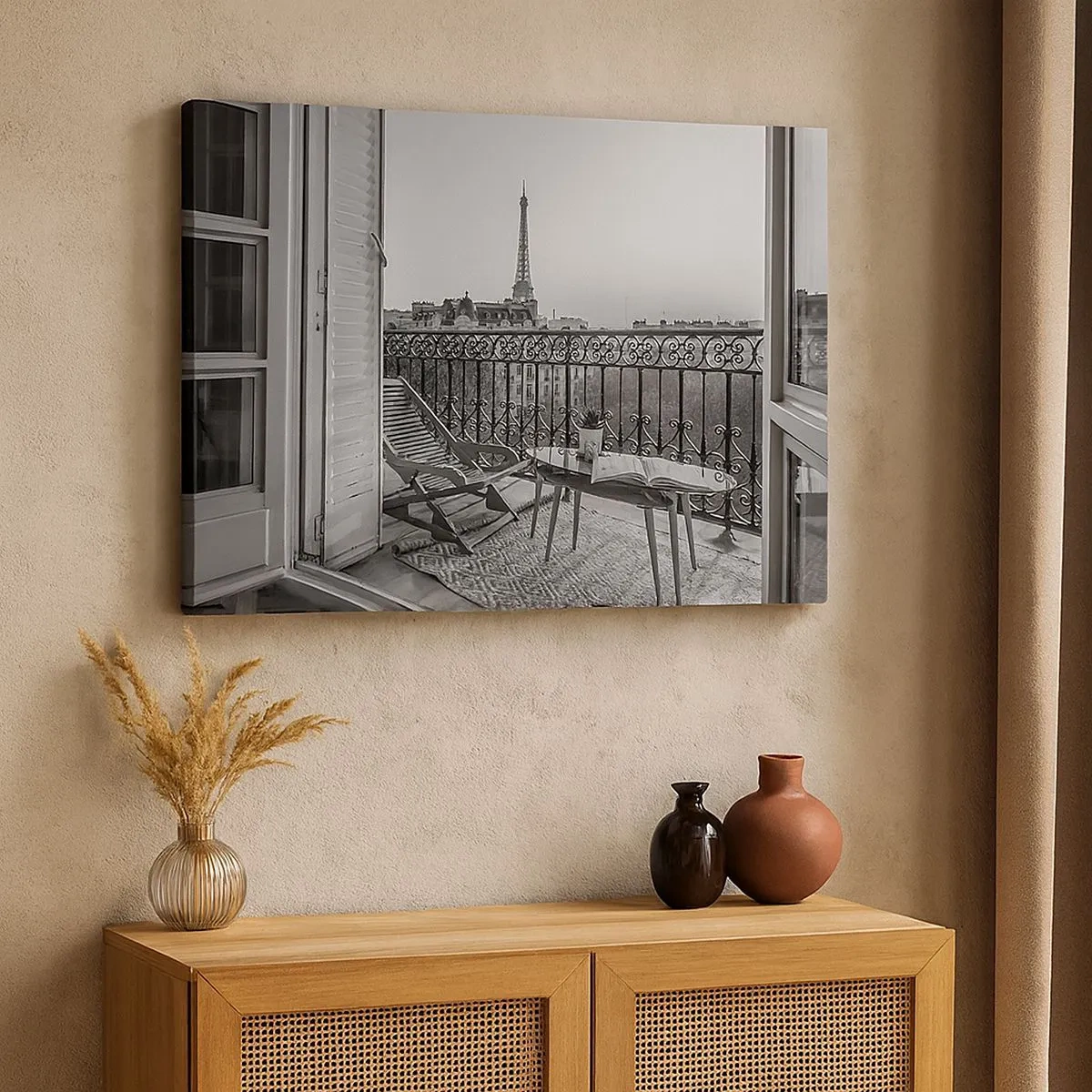 Schilderen op canvas - Uitzicht op de Eiffeltoren vanaf het balkon met ligstoelen en een tafel - 70x50cm - Parijs' namiddag - Moderne wanddecoratie voor woonkamer en slaapkamer ARTTOR