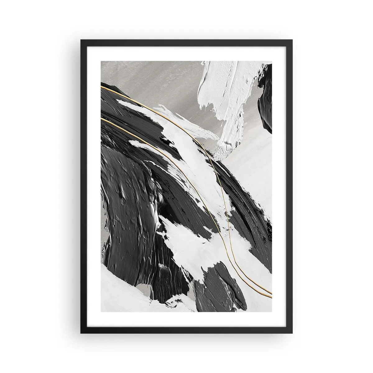 Poster in een zwarte lijst - Abstracte penseelstreken in zwart, wit en goud - 50x70cm - Abstractie op grote schaal - Moderne wanddecoratie voor woonkamer en slaapkamer ARTTOR