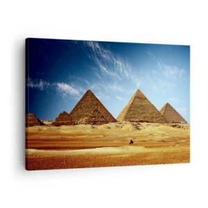 Schilderen op canvas - De piramides van Gizeh tegen een blauwe lucht en een woestijnlandschap - 70x50cm - 40 eeuwen kijken naar je - Moderne wanddecoratie voor woonkamer en slaapkamer ARTTOR