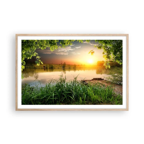 Een poster in een licht eiken lijst - Landschap in een groen kader - 91x61 cm