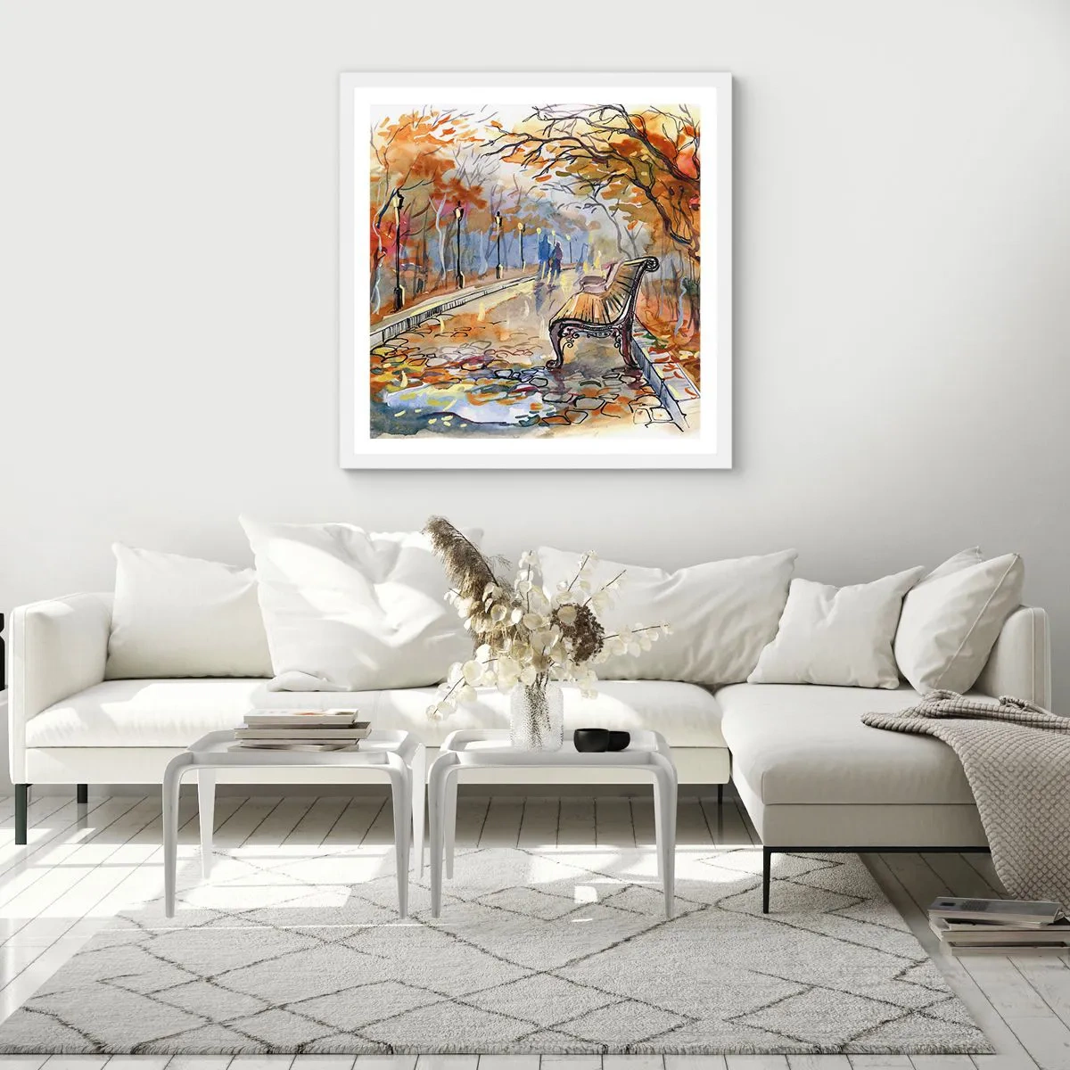 Poster in een witte lijst - Samen wandelen in de herfst - 60x60 cm