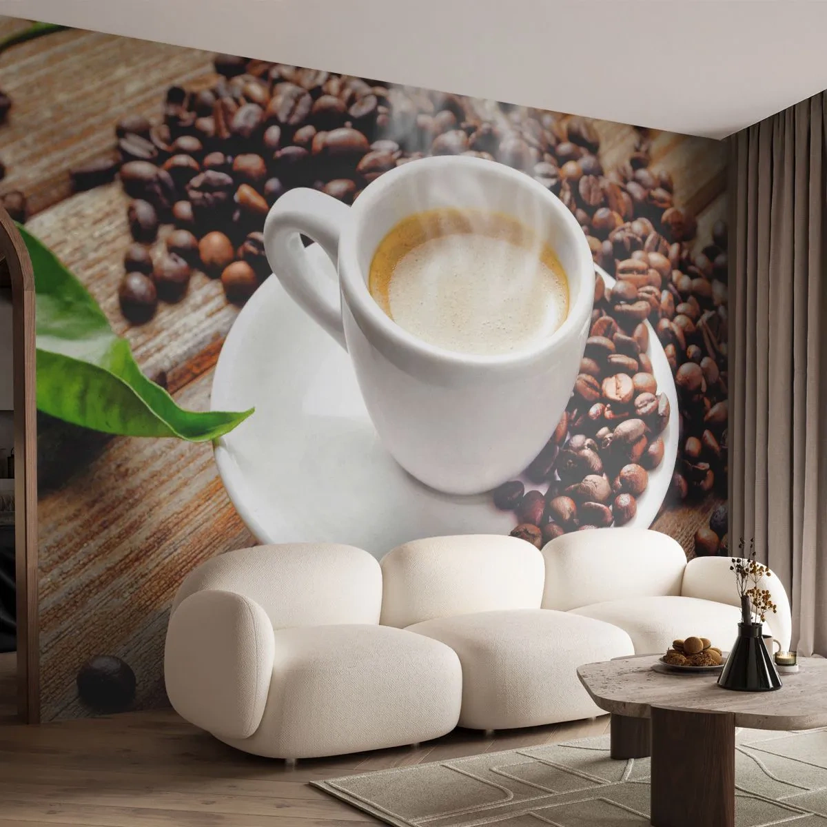 Zelfklevend Fotobehang Deluxe Sticker - Koffie op de bank - Gastronomie, Koffie, Beker - 250x175 cm
