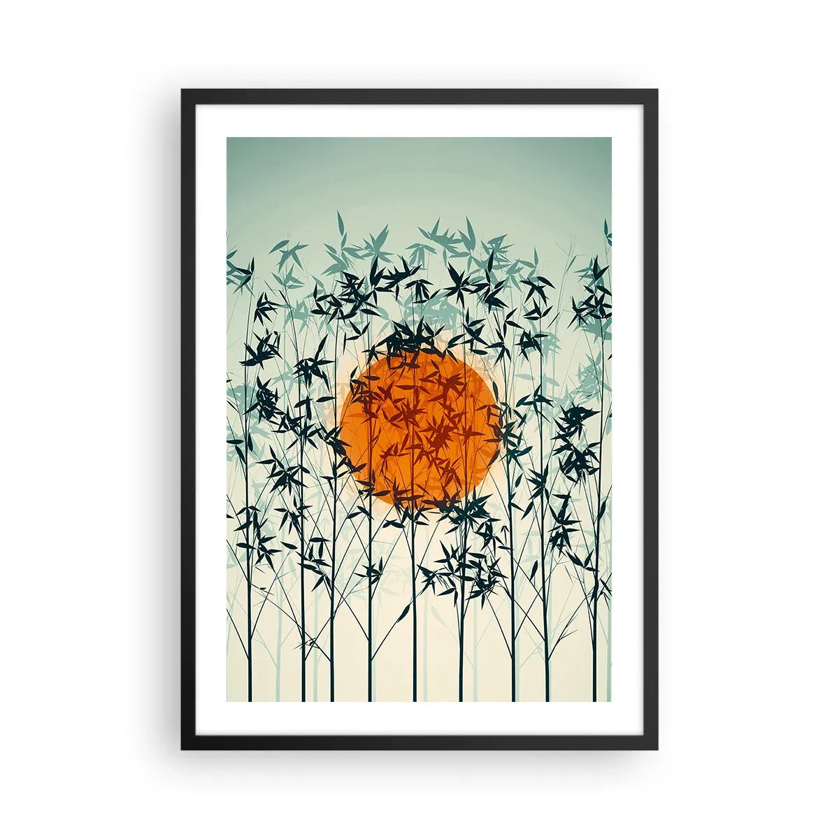 Poster in een zwarte lijst - De zon achter de bamboetakken - 50x70cm - Japanse zon - Moderne wanddecoratie voor woonkamer en slaapkamer ARTTOR