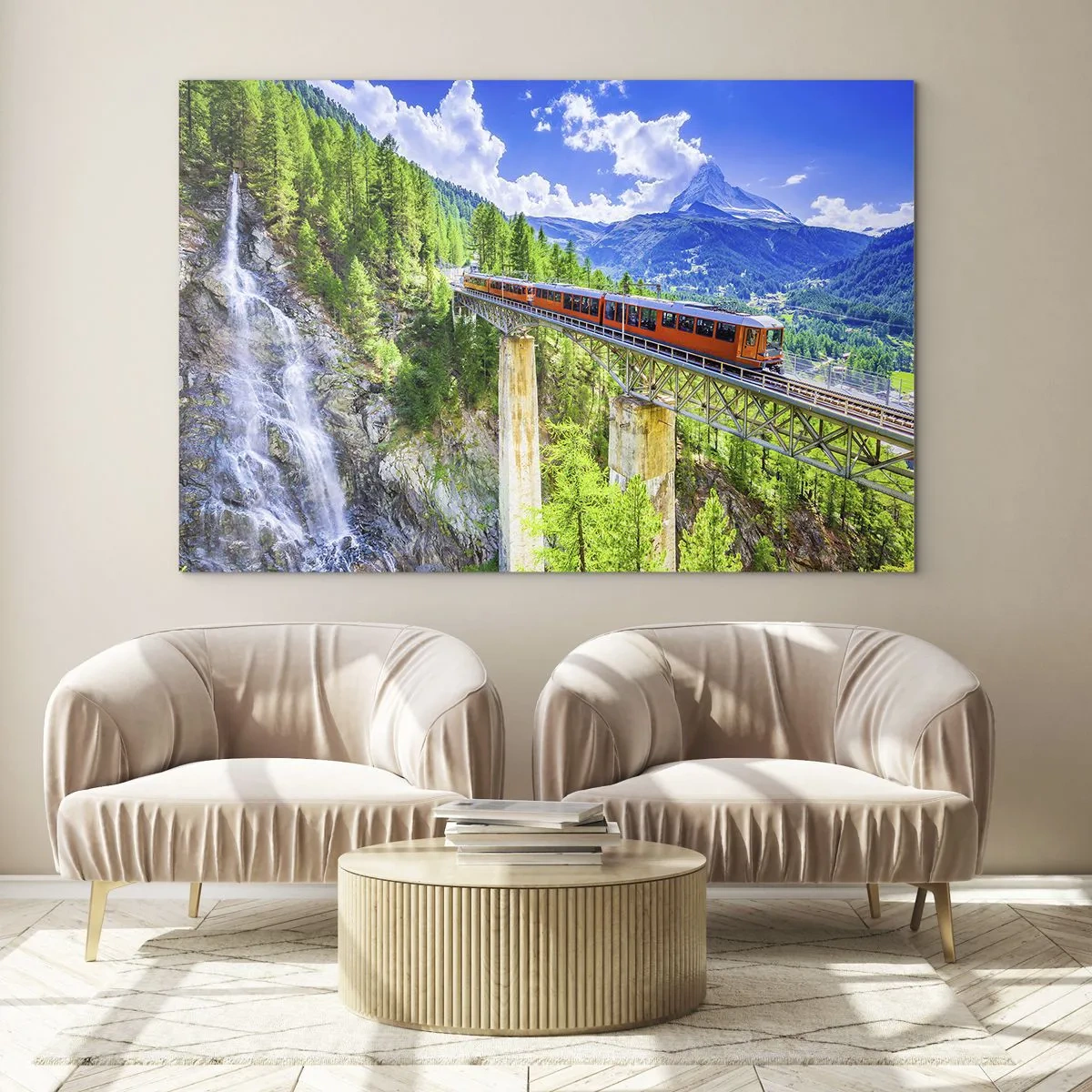 Schilderen op glas - Alpentrein op een brug met uitzicht op een waterval - 70x50cm - Het is tijd voor de Alpen - Moderne wanddecoratie voor woonkamer en slaapkamer ARTTOR