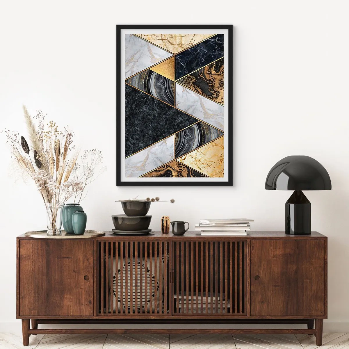 Poster in een zwarte lijst - Marmeren geometrie in tinten goud, zwart en wit - 50x70cm - Steen bij steen - Moderne wanddecoratie voor woonkamer en slaapkamer ARTTOR