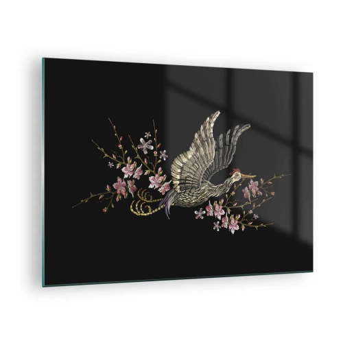 Schilderen op glas - Geborduurde vogel in vlucht met bloemen op de achtergrond op een donkere achtergrond - 70x50cm - Exotische geborduurde vogel - Moderne wanddecoratie voor woonkamer en slaapkamer ARTTOR