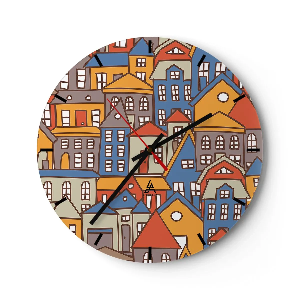 Wandklok - Klok - Kleurrijke gebouwen in grafische stijl - 30x30cm - Achter het huis is een huis - Moderne wanddecoratie voor woonkamer, keuken en slaapkamer ARTTOR