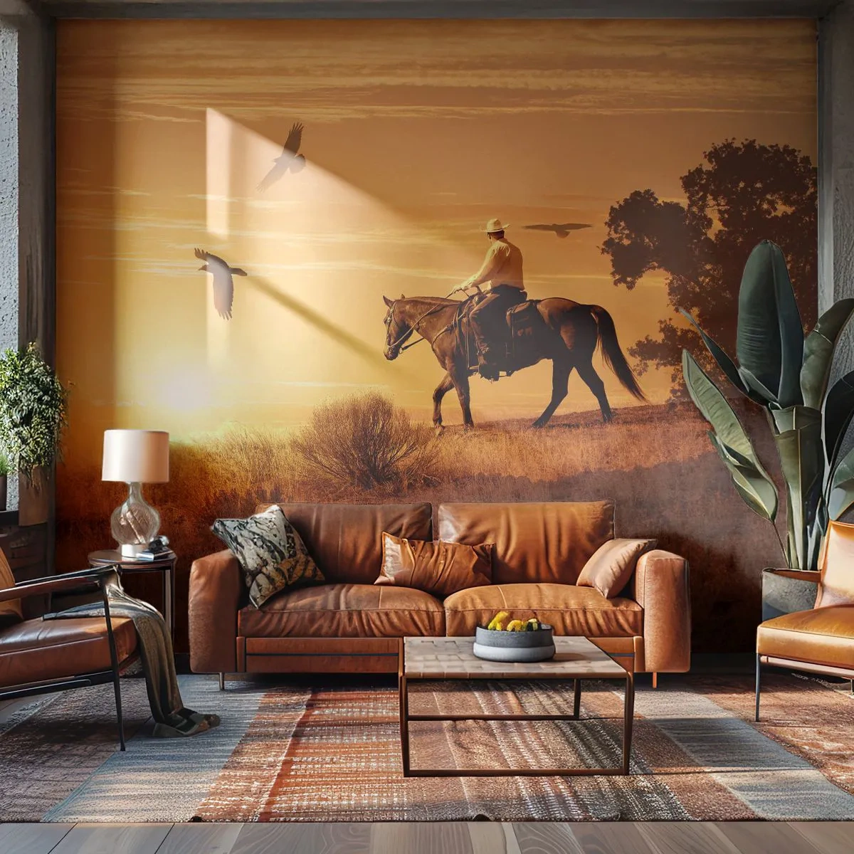 Fotobehang Premium Canvas - Alleen over de prairie - Paard, Cowboy, Landschap - 250x175 cm
