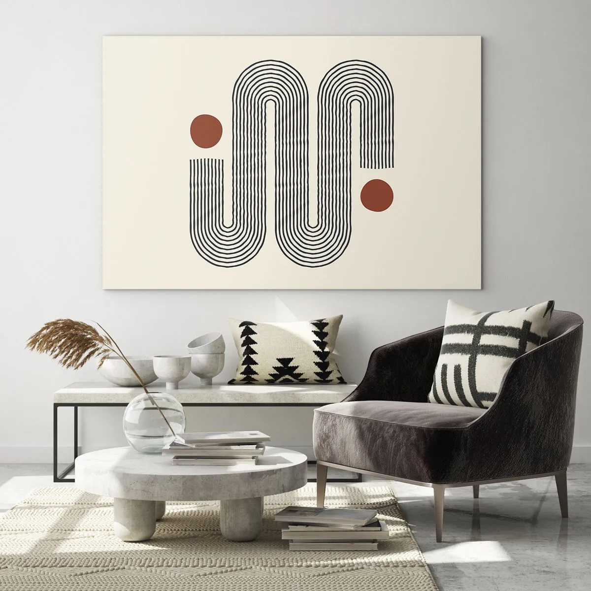 Schilderen op glas - Minimalistisch lijnenpatroon met rode stippen - 70x50cm - Van het begin tot het eind - Moderne wanddecoratie voor woonkamer en slaapkamer ARTTOR