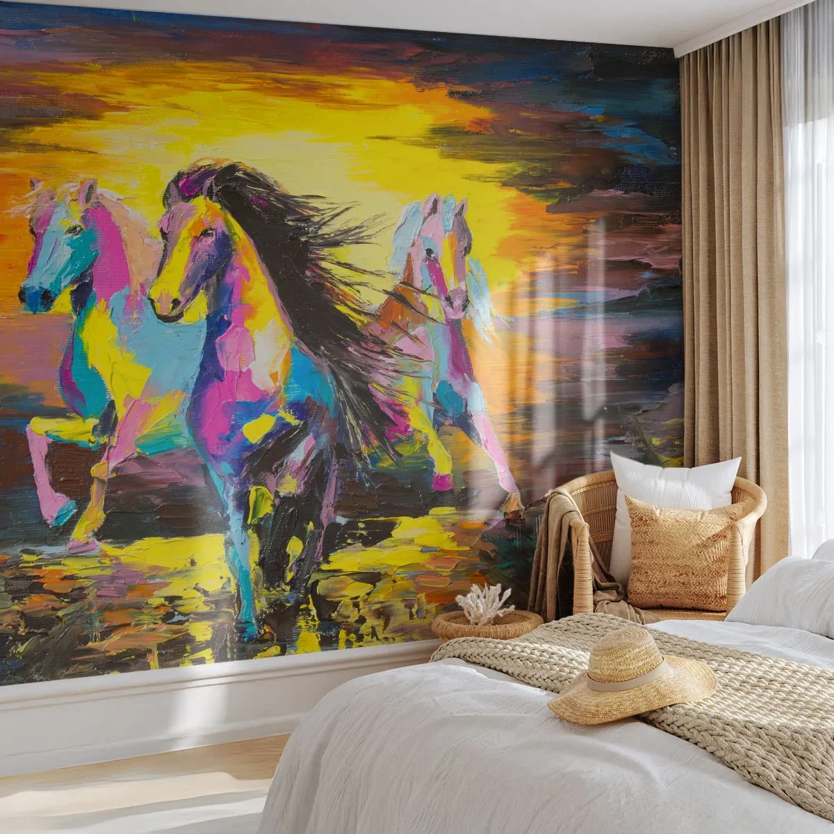 Fotobehang Premium Canvas - Ondergedompeld in de regenboog - Dieren, Paarden, Vrijheid - 300x210 cm