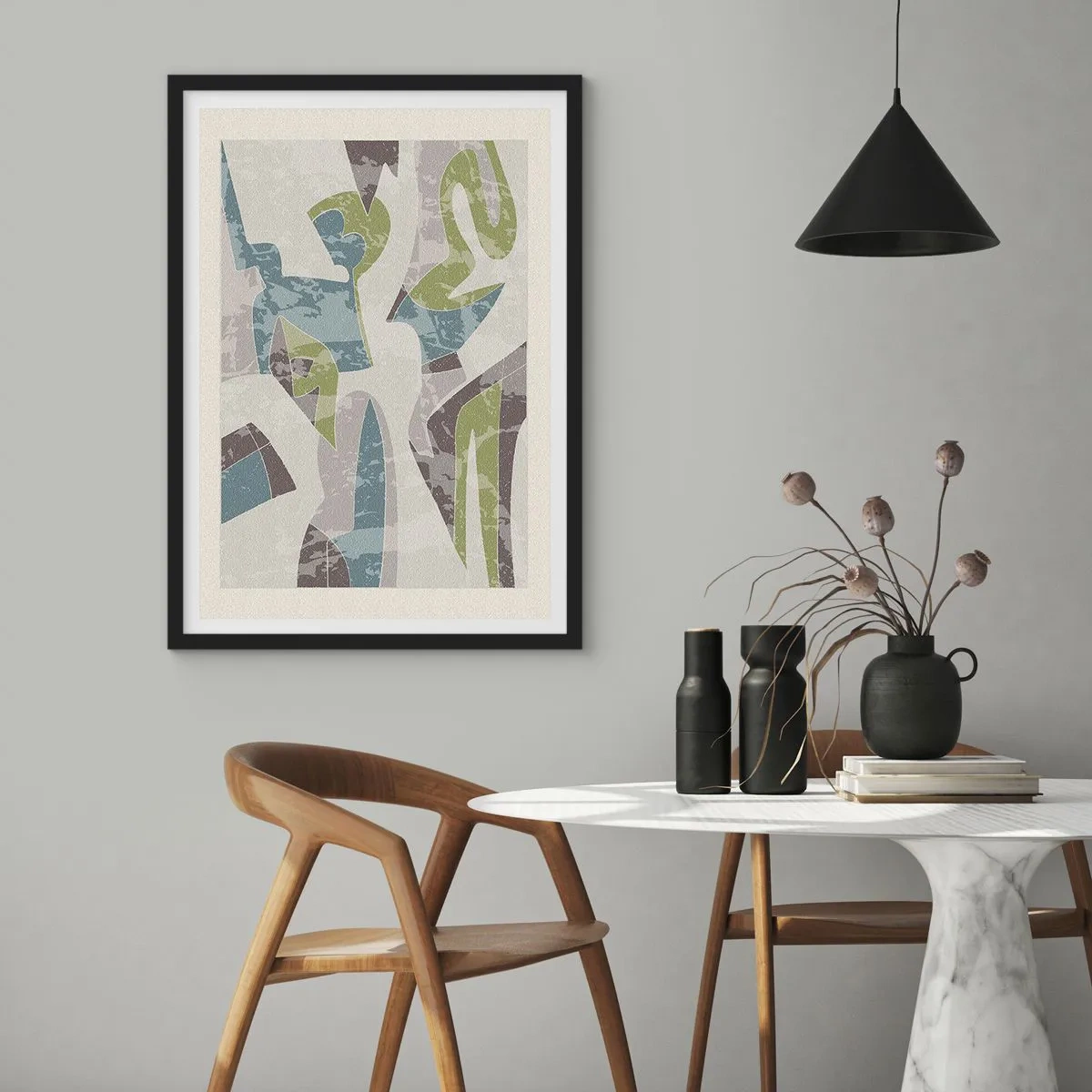 Poster in een zwarte lijst - Abstracte figuren in tinten groen en blauw - 50x70cm - Compositie achter het glas - Moderne wanddecoratie voor woonkamer en slaapkamer ARTTOR