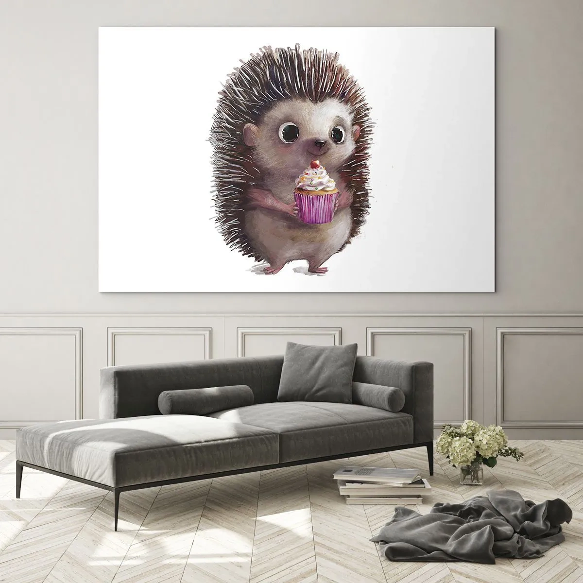 Schilderen op glas - Een schattige egel met een cupcake op een witte achtergrond - 70x50cm - De vakantie is elke dag - Moderne wanddecoratie voor woonkamer en slaapkamer ARTTOR