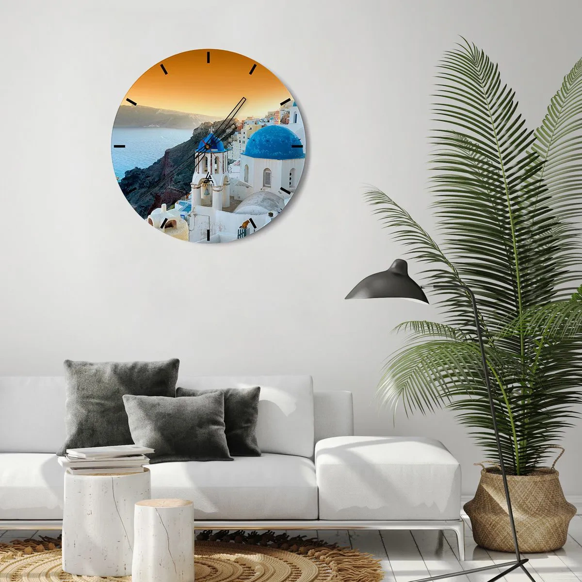Wandklok - Klok - Santorini - genesteld tegen de rotsen - 40x40 cm
