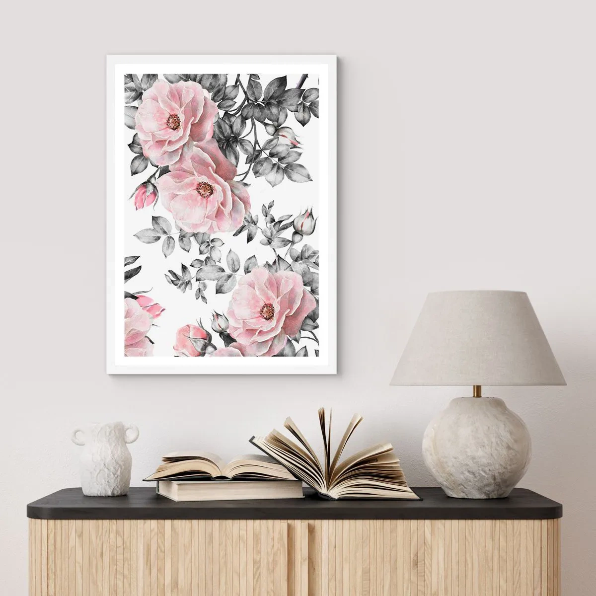 Poster in een witte lijst - Verdwalen in de bloemen van de rozen - 30x40 cm