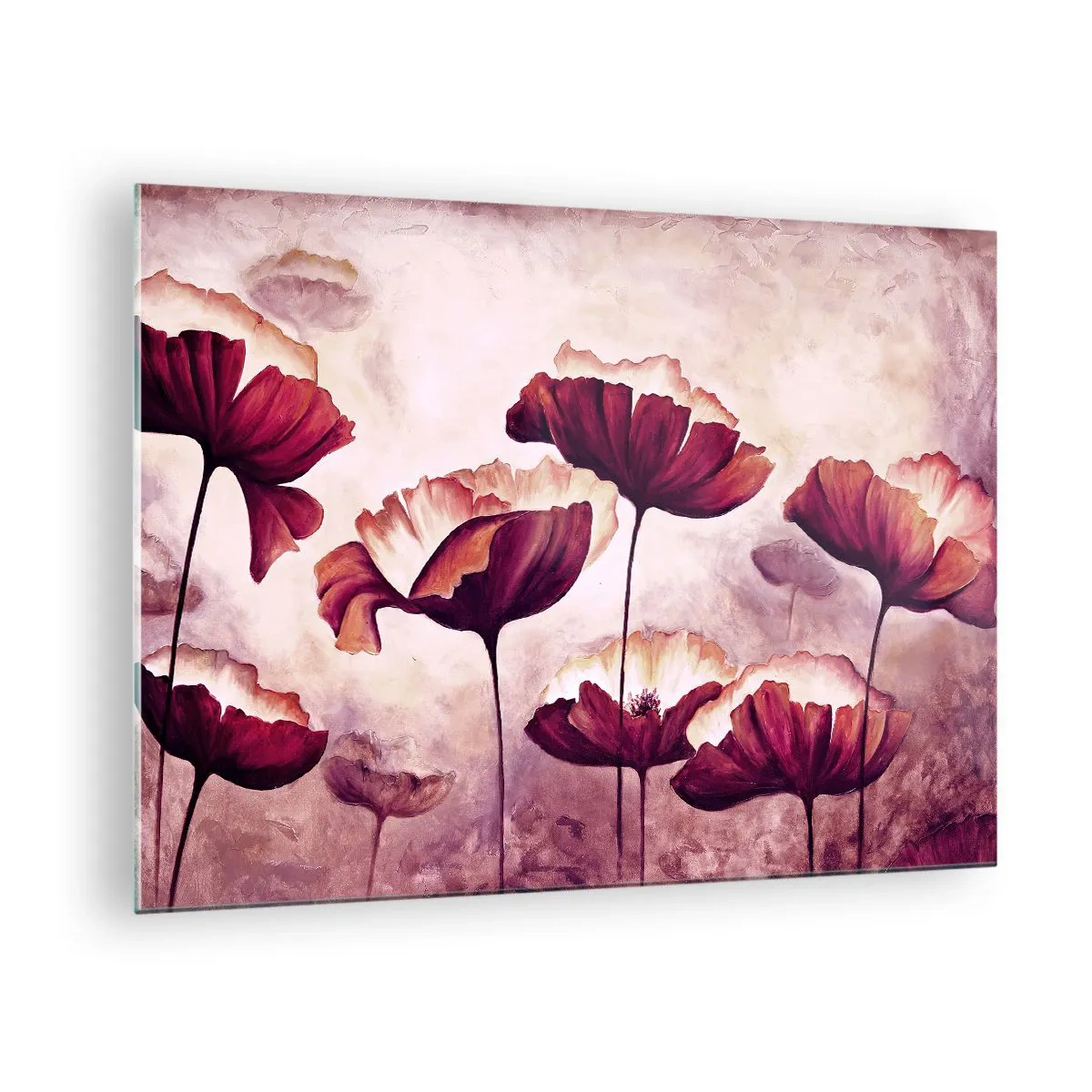 Schilderen op glas - Rode en witte klaprozen tegen een heldere lucht - 70x50cm - Rood en wit bloemblad - Moderne wanddecoratie voor woonkamer en slaapkamer ARTTOR