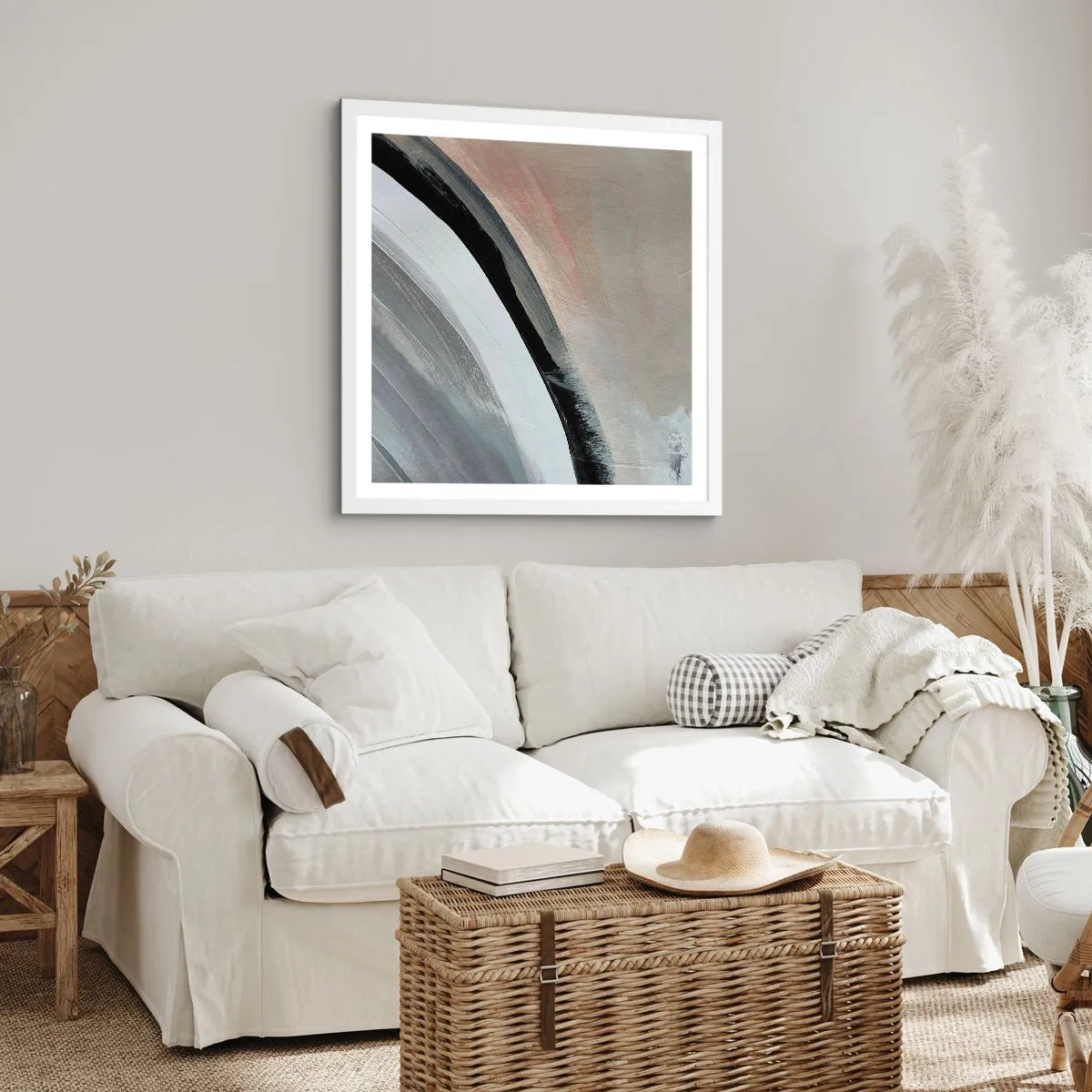 Poster in een witte lijst - Compositie: boog van zwart en grijs - 60x60 cm