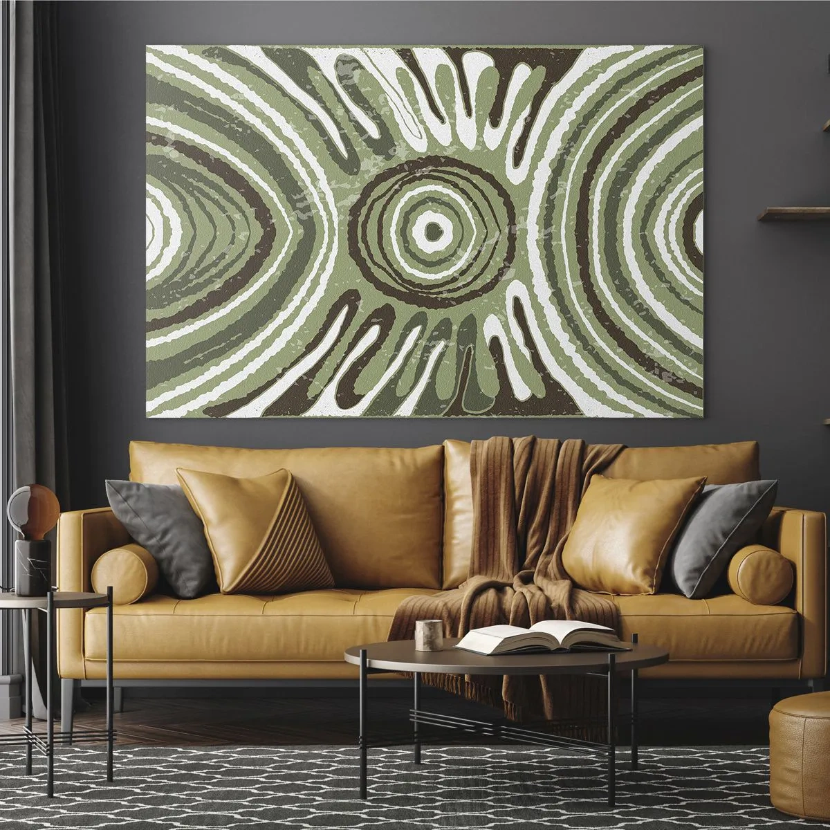 Schilderen op glas - Groene concentrische cirkels en abstracte lijnen - 70x50cm - Een explosie van emoties - Moderne wanddecoratie voor woonkamer en slaapkamer ARTTOR