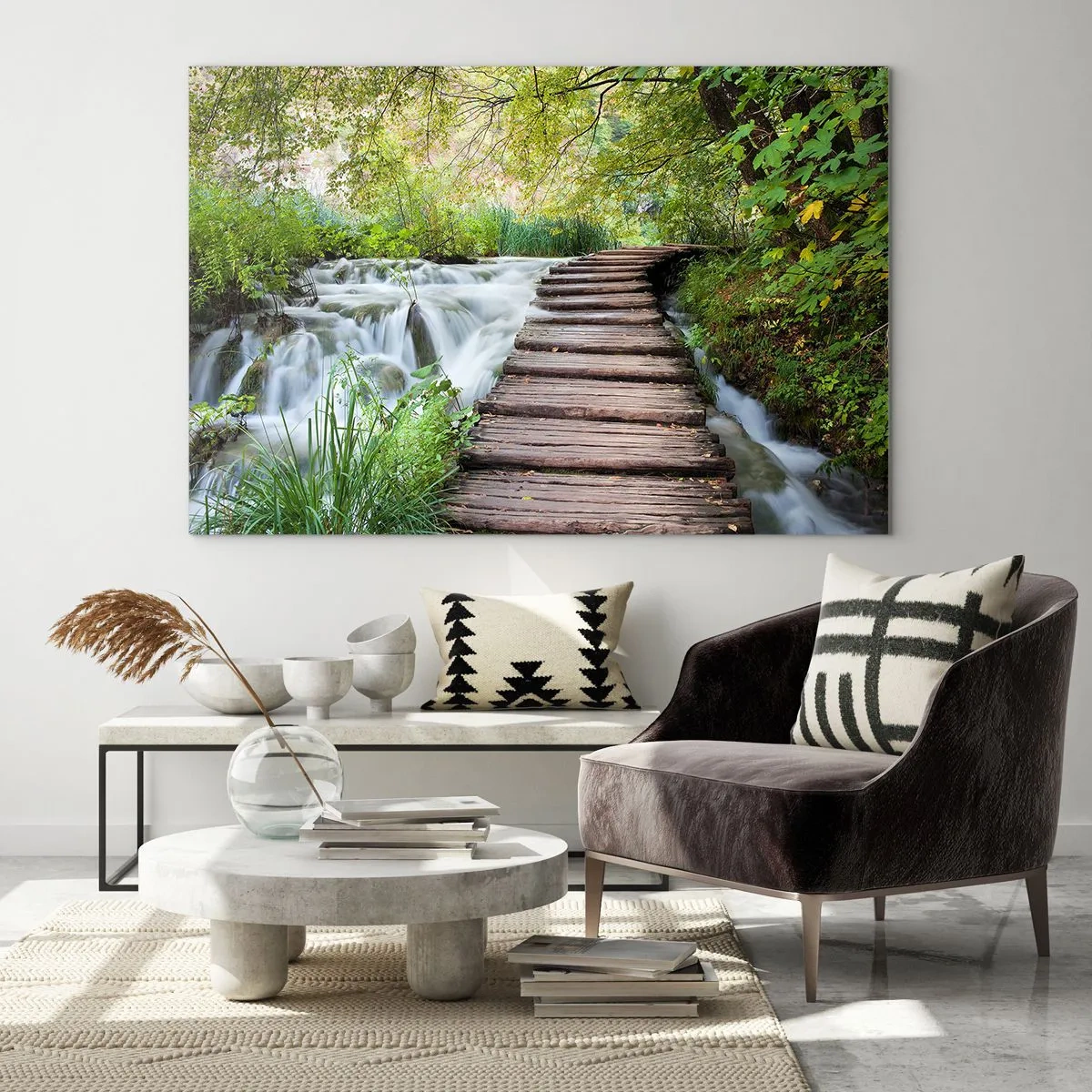 Schilderen op glas - Een brug in het bos over een beek - 70x50cm - Geen stilstaand water - Moderne wanddecoratie voor woonkamer en slaapkamer ARTTOR