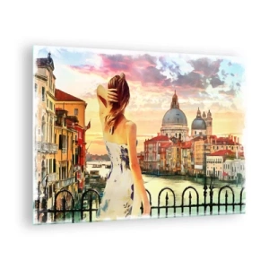 Schilderen op glas - Een vrouw bewondert het uitzicht op Venetië bij zonsondergang. - 70x50cm - Als een avontuur alleen in ... - Moderne wanddecoratie voor woonkamer en slaapkamer ARTTOR