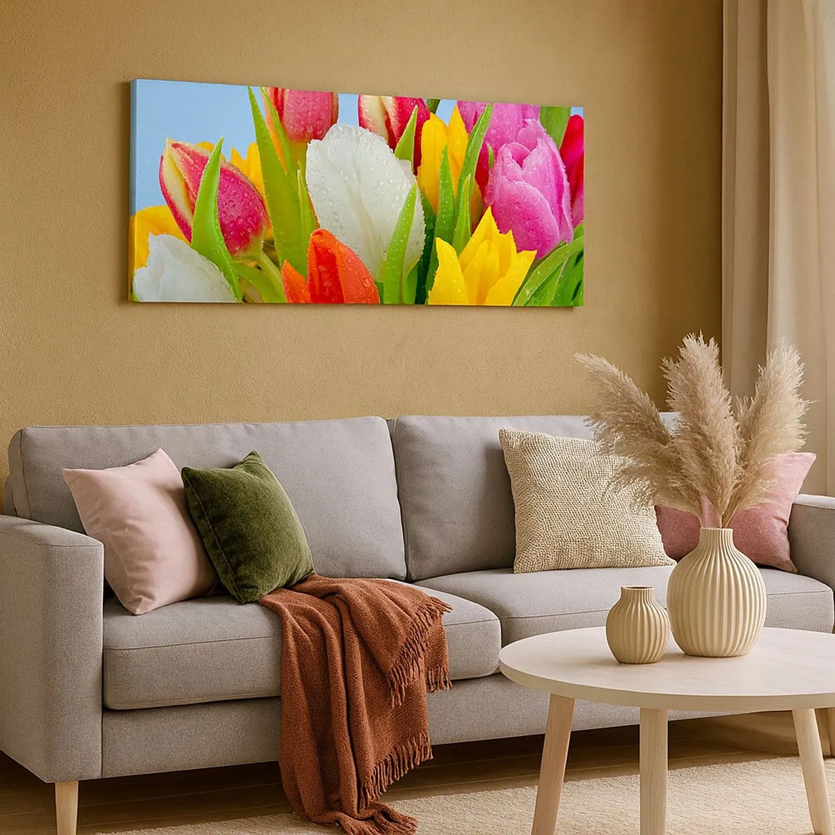Schilderen op canvas - Een bloemenregenboog in dauwdruppels - 100x40 cm
