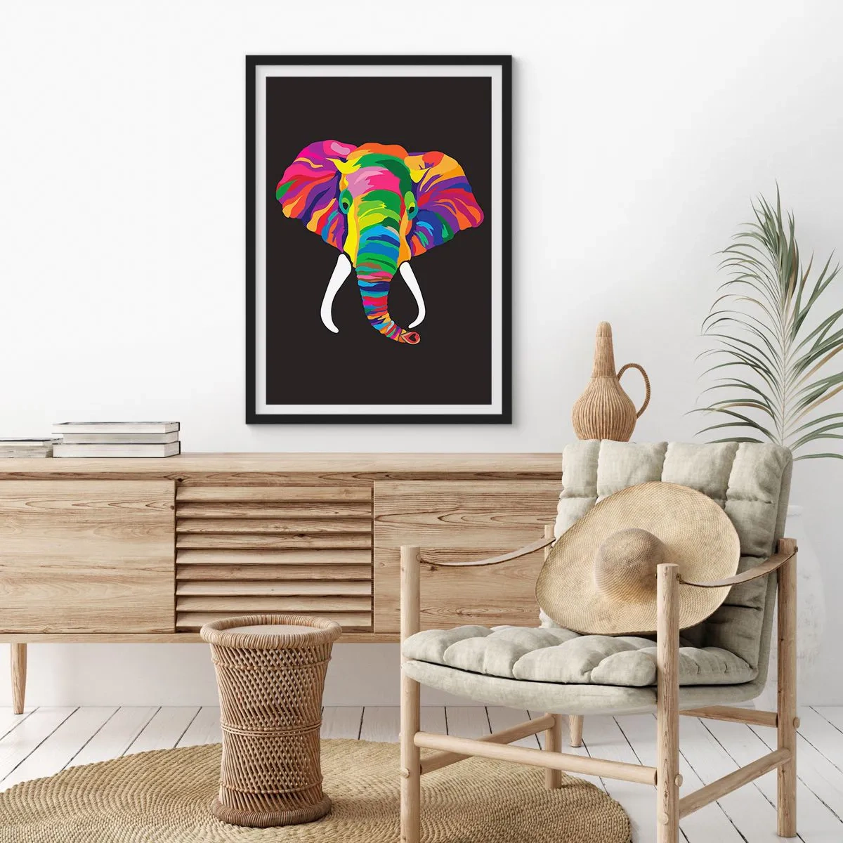 Poster in een zwarte lijst - De olifant die ervan hield om in de regenboog te baden - 30x40 cm