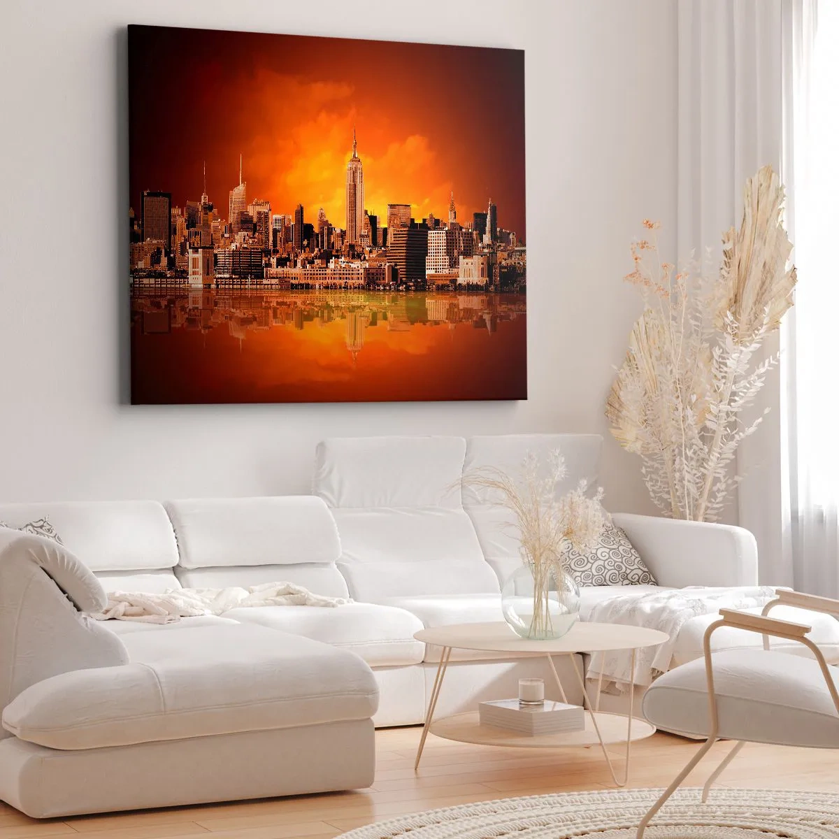 Schilderen op canvas - Panorama van de stad bij zonsondergang met gebouwen weerspiegeld in het water - 70x50cm - Het grote stadspanorama in geel en brons - Moderne wanddecoratie voor woonkamer en slaapkamer ARTTOR