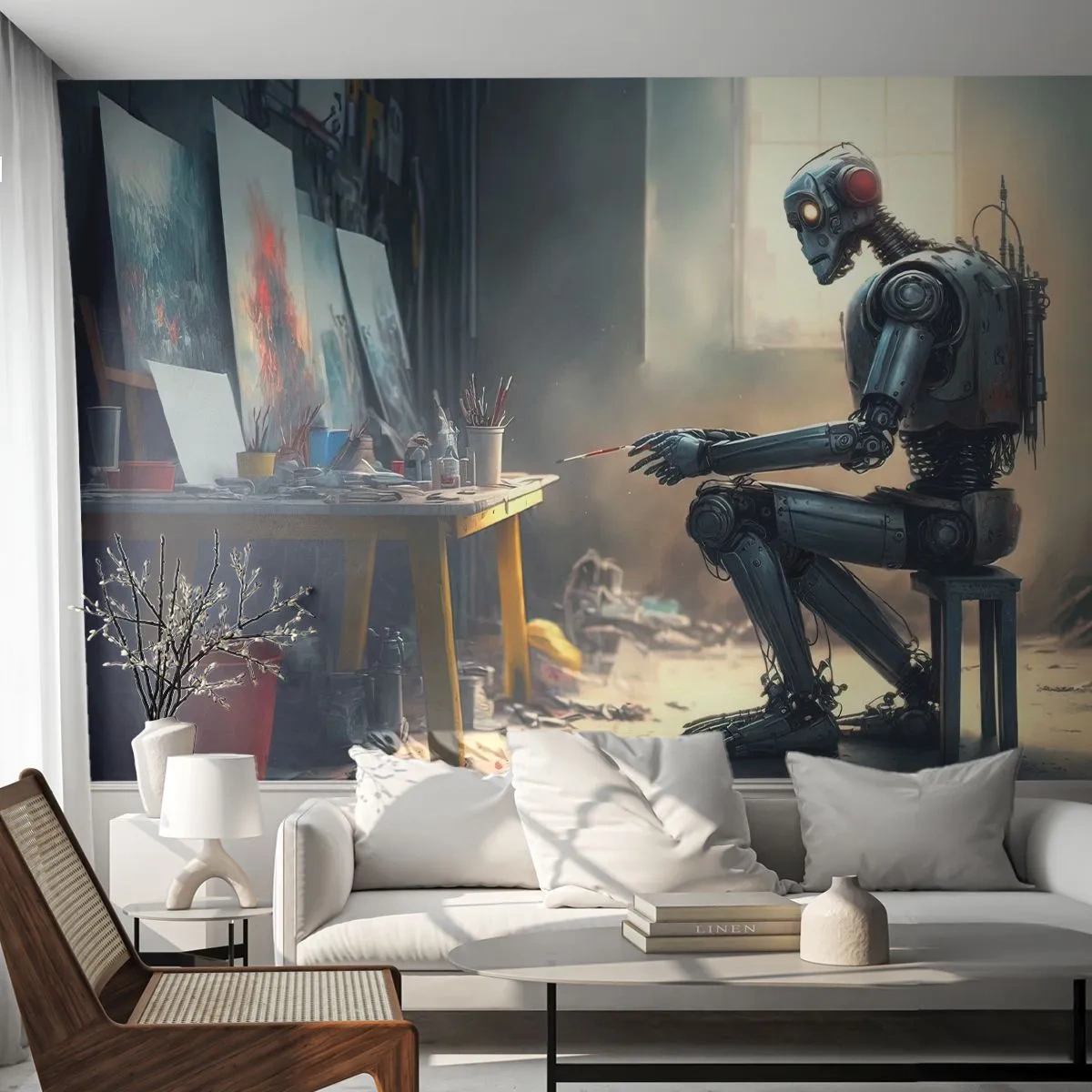 Fotobehang Premium Canvas - De scheppingsdaad - Deel, Schilderen, Robot - 300x210 cm
