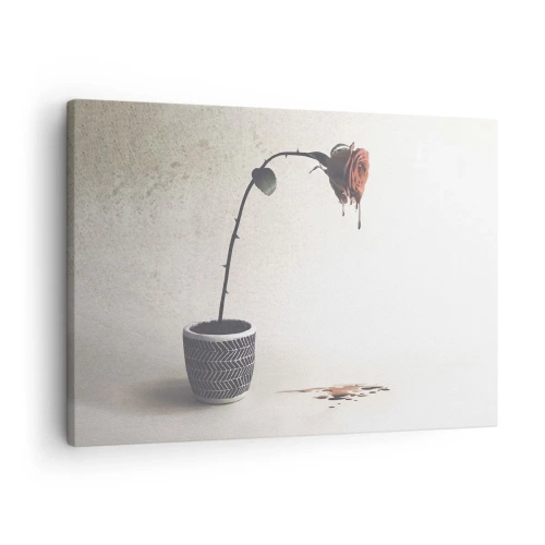 Schilderen op canvas - Een rode roos in een pot met druppels kleurstof op een witte achtergrond - 70x50cm - Rosa dolorosa - Moderne wanddecoratie voor woonkamer en slaapkamer ARTTOR