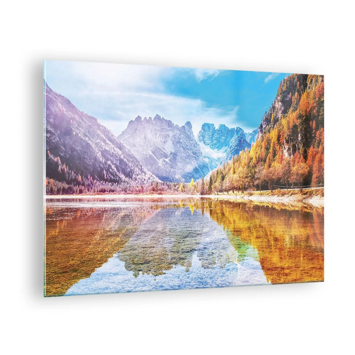 Schilderen op glas - Herfstbergen weerspiegeld in het meer, omringd door kleurrijke bomen - 70x50cm - En het is al herfst in de bergen - Moderne wanddecoratie voor woonkamer en slaapkamer ARTTOR