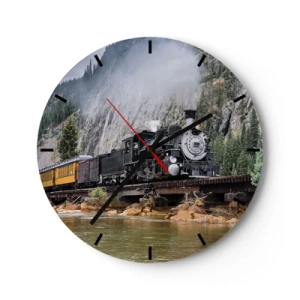 Wandklok - Klok - Een stoomlocomotief op een brug in een berglandschap over een rivier - 30x30cm - Waar wil je naar toe? Waar naar toe? - Moderne wanddecoratie voor woonkamer, keuken en slaapkamer ARTTOR