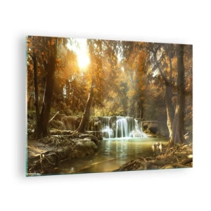 Schilderen op glas - Een waterval in een park omgeven door bomen in herfstkleuren - 70x50cm - Park cascade - Moderne wanddecoratie voor woonkamer en slaapkamer ARTTOR