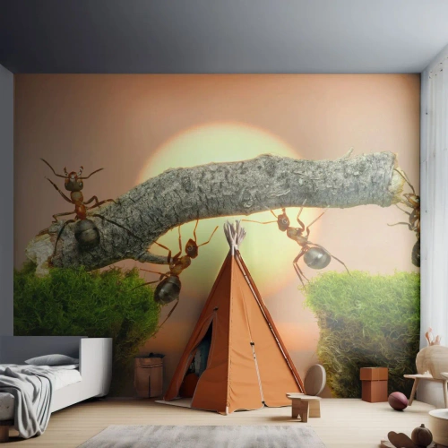 Zelfklevend Fotobehang Deluxe Sticker - Gelukkig samenwerken - Natuur, Mieren, Zonsondergang - 100x70 cm