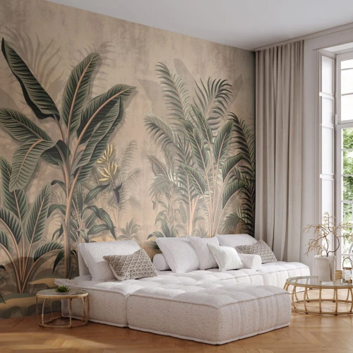 Fotobehang Premium Canvas - Een gravure in koloniale stijl - Tropisch bos, Kokospalm, Bananenboom - 200x140 cm