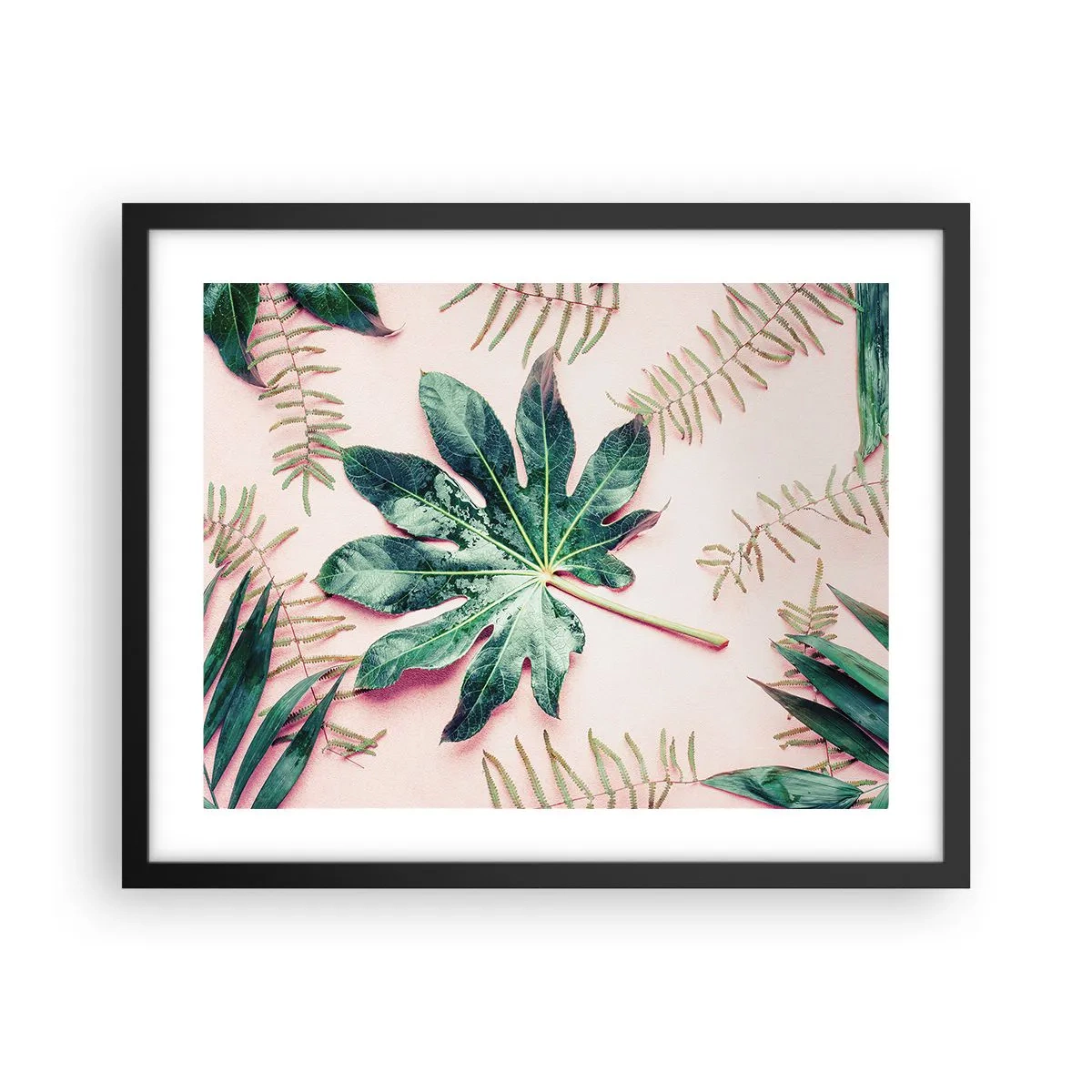 Poster in een zwarte lijst - Een studie van groen op een roze achtergrond - 50x40 cm