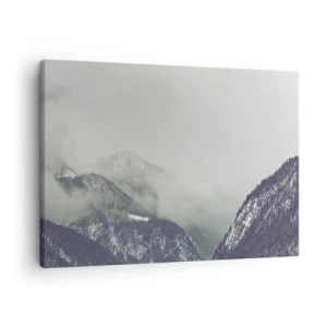Schilderen op canvas - Een bergdal gehuld in mist in grijstinten - 70x50cm - Mistige vallei - Moderne wanddecoratie voor woonkamer en slaapkamer ARTTOR