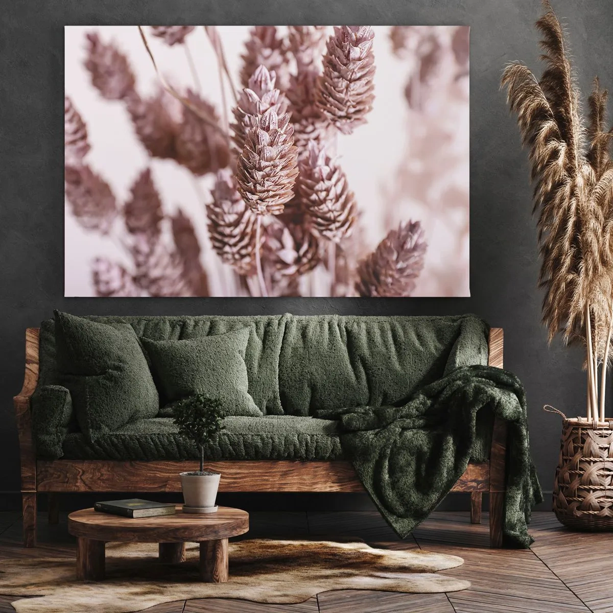 Schilderen op canvas - Een close-up van de delicate roze aren van siergrassen - 70x50cm - Schijnbaar onopvallend - Moderne wanddecoratie voor woonkamer en slaapkamer ARTTOR