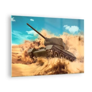 Schilderen op glas - Een tank in beweging in een woestijn met rondvliegend stof en een heldere lucht - 70x50cm - Niet te verslaan - Moderne wanddecoratie voor woonkamer en slaapkamer ARTTOR