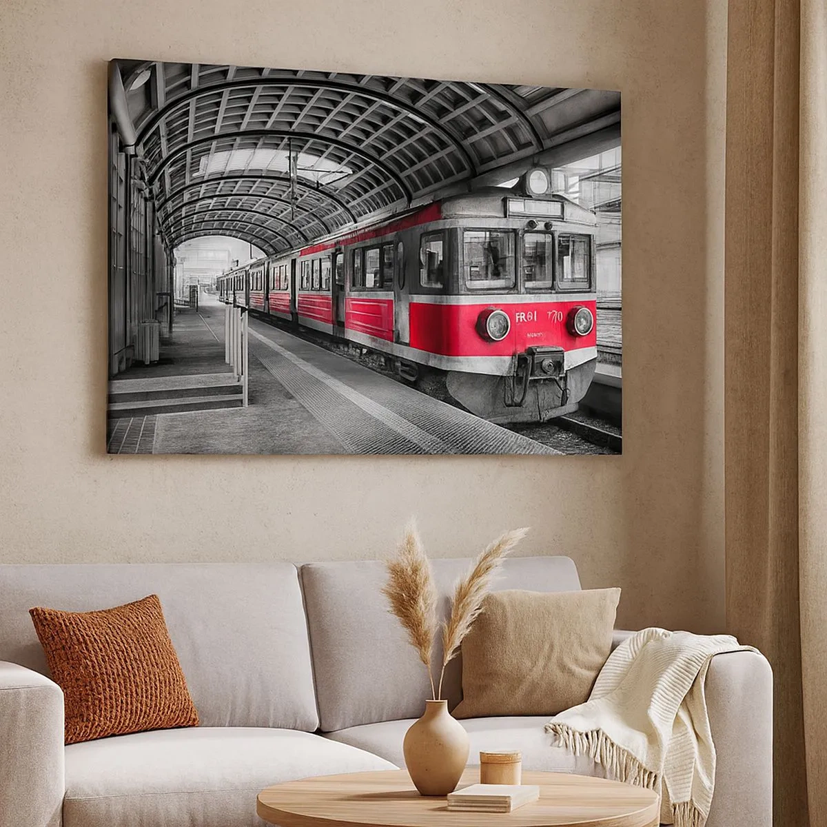 Schilderen op canvas - Rode trein op het station onder een dak - 70x50cm - Misschien is het een reis van je leven? - Moderne wanddecoratie voor woonkamer en slaapkamer ARTTOR