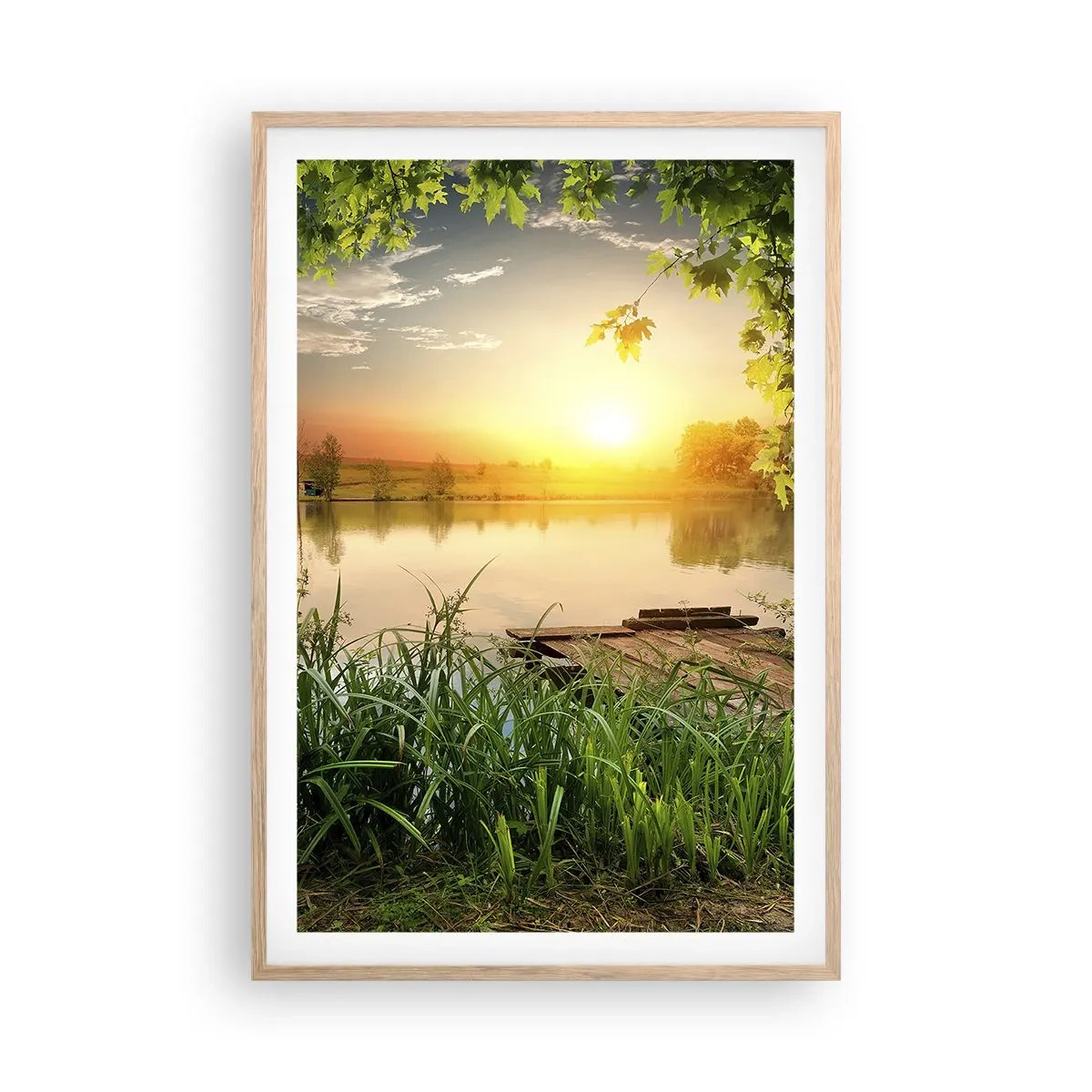 Een poster in een licht eiken lijst - Landschap in een groen kader - 61x91 cm