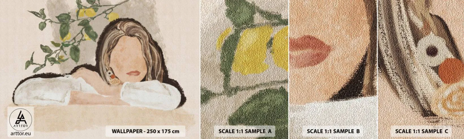 Fotobehang Monster Zelfklevend Deluxe Sticker - Zuidelijke schoonheid - Vrouw, Citroenen, Minimalisme - 100x30 cm