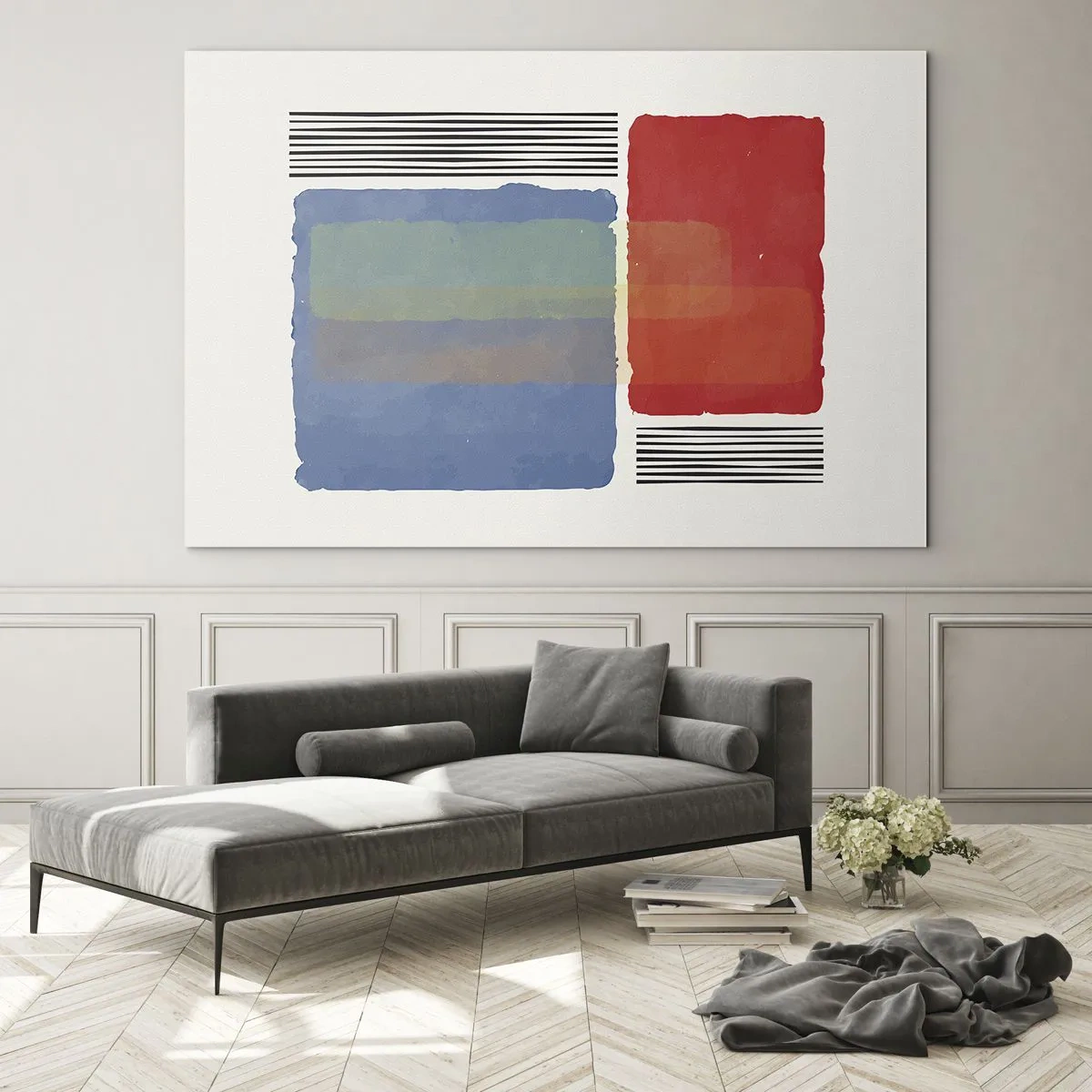 Schilderen op glas - Geometrische compositie met rode en blauwe rechthoeken - 70x50cm - De geest en de letter van de geometrie - Moderne wanddecoratie voor woonkamer en slaapkamer ARTTOR