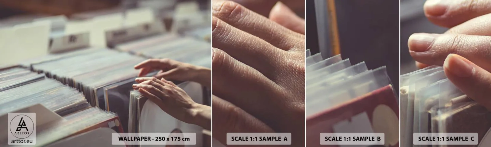 Fotobehang Staaltje Standard Eco - Op zoek naar emoties - Vinyl, Muziek, Muziekwinkel - 100x30 cm