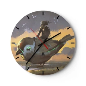 Wandklok - Klok - Een figuur op een mechanische vogel in een fantasielandschap - 30x30cm - Een tussenstop op een fantastische reis - Moderne wanddecoratie voor woonkamer, keuken en slaapkamer ARTTOR