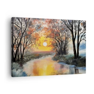 Schilderen op canvas - Zonsondergang over de rivier in een herfstlandschap - 70x50cm - Herfst vibes - Moderne wanddecoratie voor woonkamer en slaapkamer ARTTOR