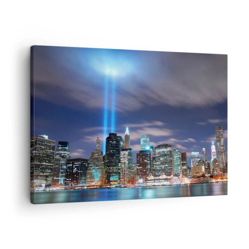 Schilderen op canvas - Nachtelijk stadspanorama met twee heldere lichtstralen aan de hemel - 70x50cm - De hemel met het licht bereiken - Moderne wanddecoratie voor woonkamer en slaapkamer ARTTOR
