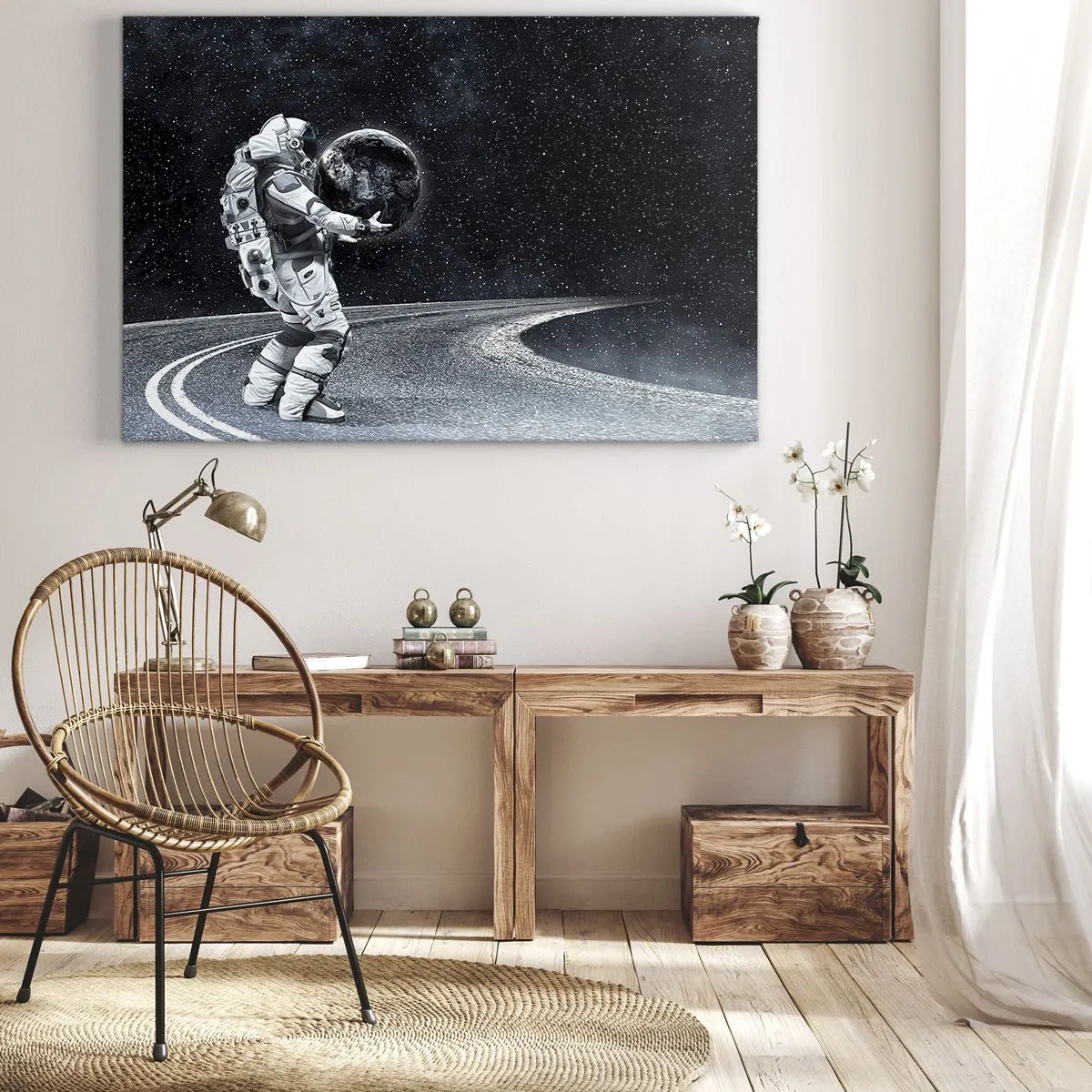 Schilderen op canvas - Astronaut met de aarde tegen de sterrenhemel - 70x50cm - Op de Melkweg - Moderne wanddecoratie voor woonkamer en slaapkamer ARTTOR