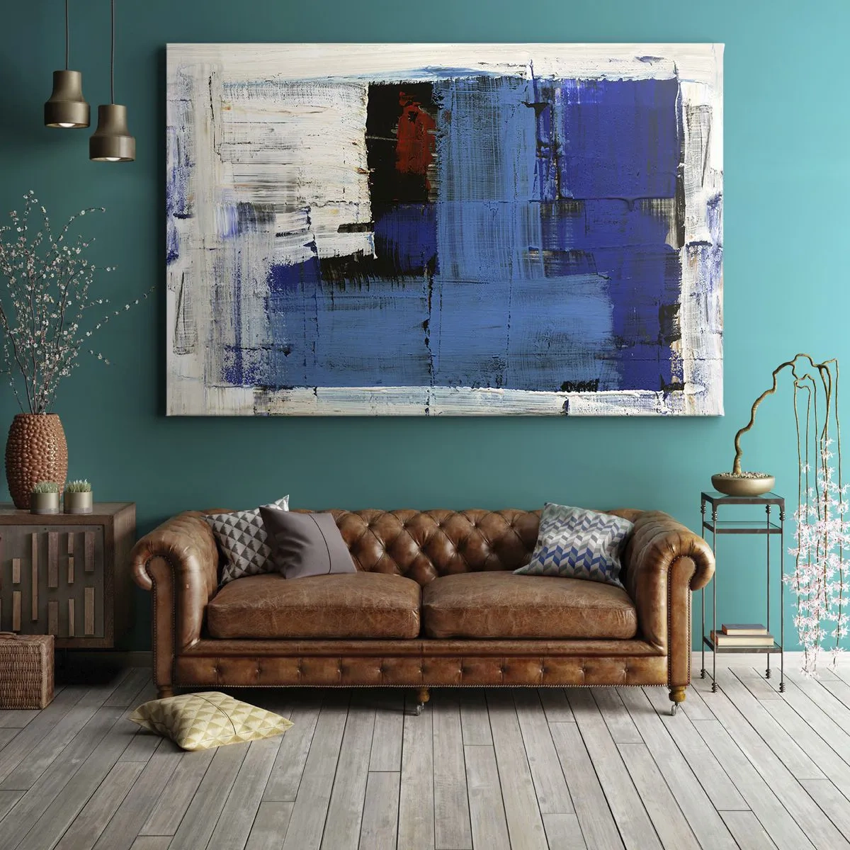 Schilderen op canvas - Abstracte compositie in tinten blauw en wit - 70x50cm - Het geheim van blauw - Moderne wanddecoratie voor woonkamer en slaapkamer ARTTOR